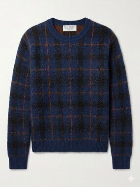 Uniqlo Alpaca Blend Plaid Crewneck Sweater - Navy Blue & Orange Tartan - Size M